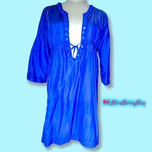 🏖RESORT ~Blue Island Silk/Cotton, V Neck, Jeweled, Sz M  Swim, Cover-up, Dress